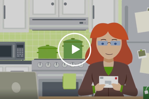 a cartoon image of a women in the kitchen holding a piece of mail